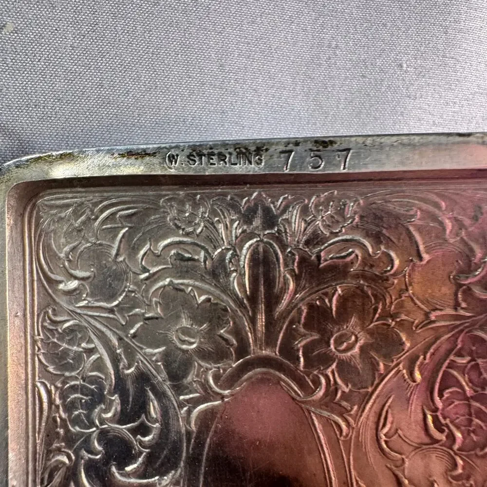 Antique Sterling Silver 757 Dance Compact Finger Chain Engraved Monogram Vanity